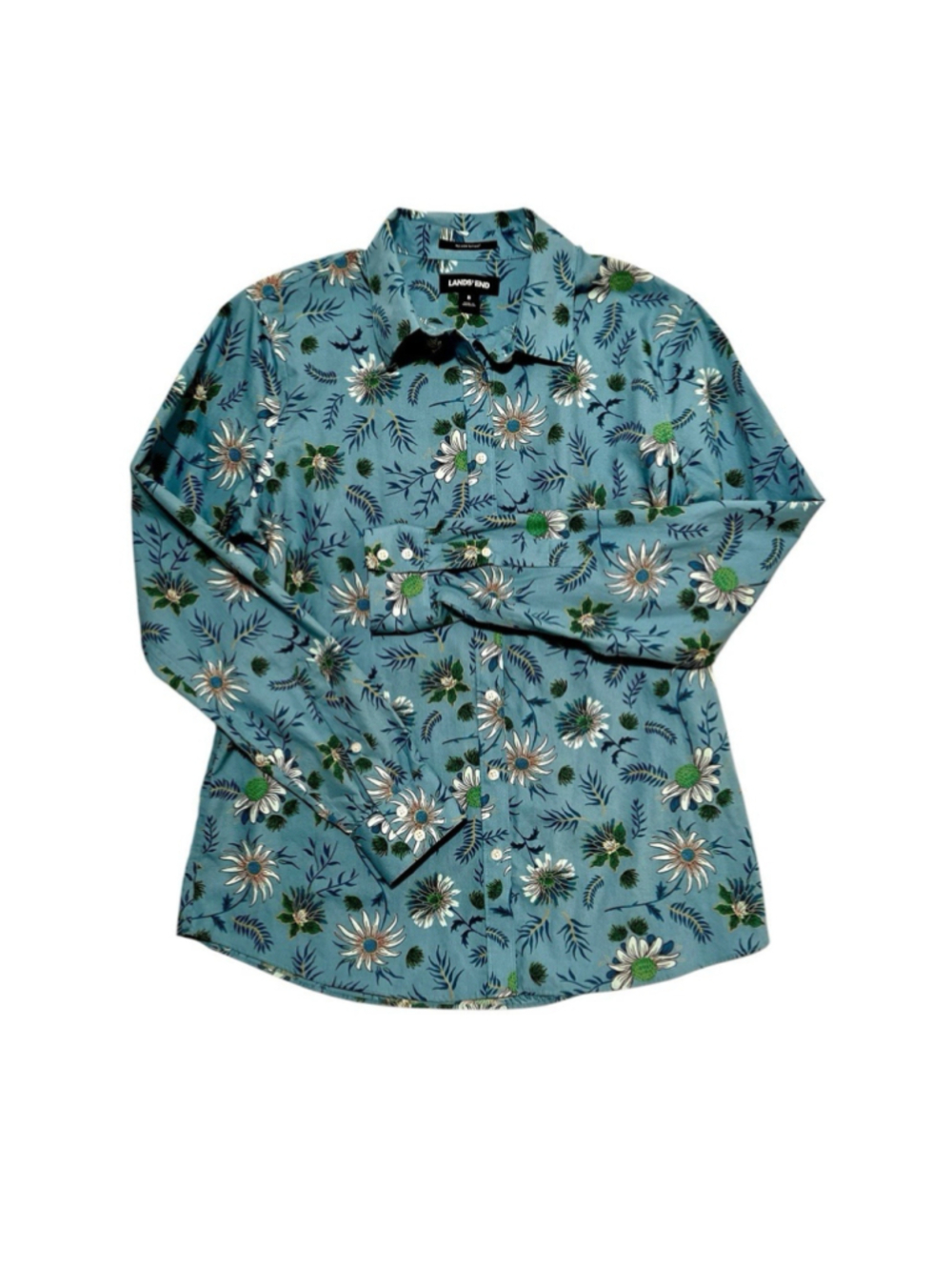 Lands End Button Up Shirt Womens 8 Cotton Multicolor / Teal Floral Long Sleeves - Picture 9 of 16